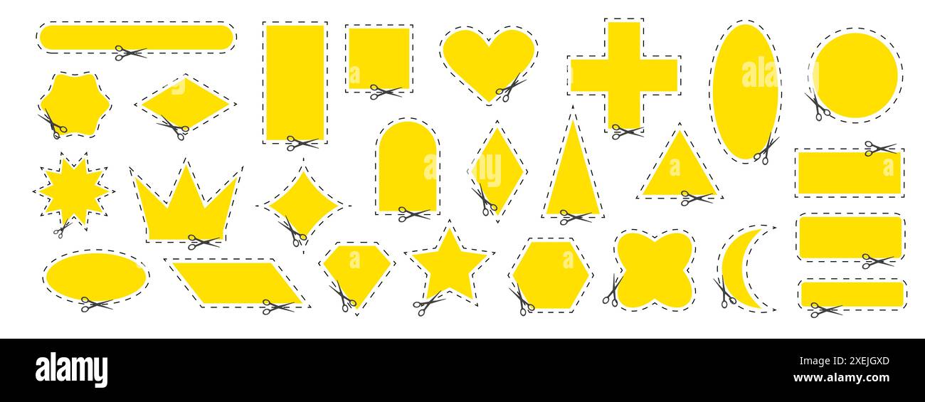 Tagliare qui. Taglio a forbice nero. Set di forme tratteggiate tagliate isolate su sfondo bianco. Semplice illustrazione vettoriale. Cesoia tagliente carta coupon o. Illustrazione Vettoriale