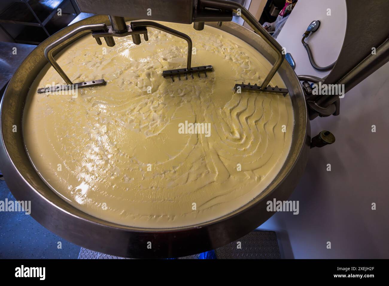 Nella casearia della Filzmoosalm, al Promegghof nella valle di Großarl, Salisburgo, Austria, il caglio viene tagliato e mescolato nella vasca con uno strumento noto come arpa per formaggio. Foto Stock