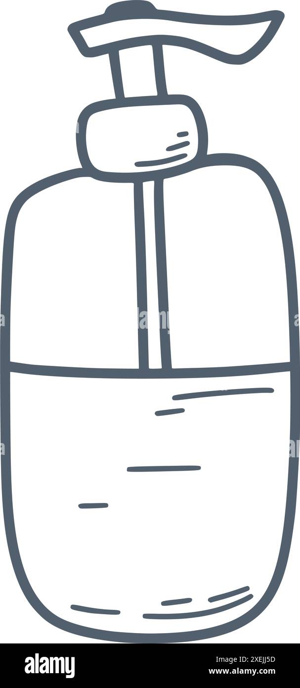 Flacone cosmetico con dispenser doodle sketch style. Tubo trasparente con pompa disegnata a mano. Imballaggi in vetro o plastica, grafica vettoriale Illustrazione Vettoriale