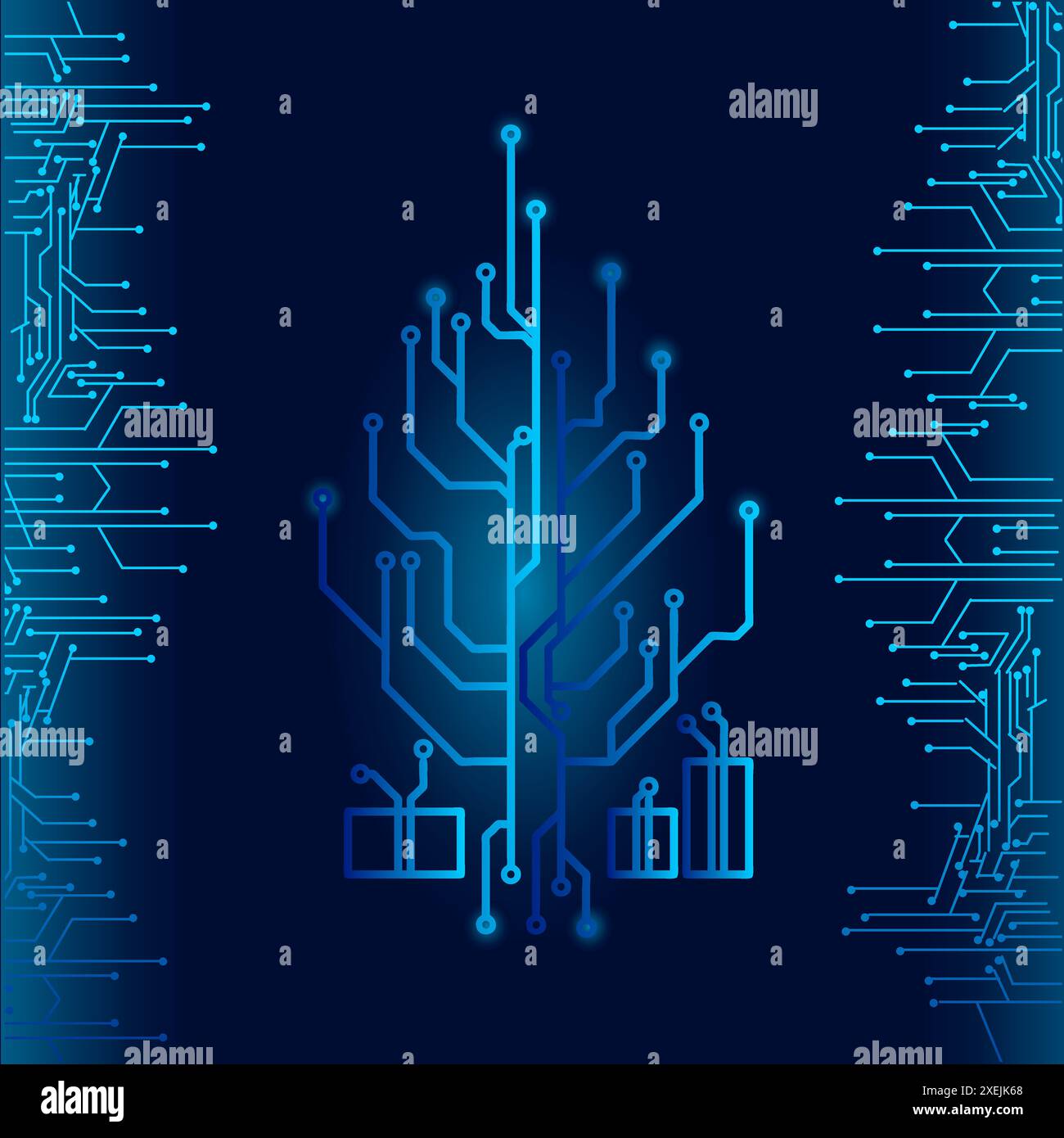 Tecnologia high-tech dell'albero di natale sistema geometrico e di connessione background con dati digitali astratti. Sfondo elettronico blu scuro. Illustrazione Vettoriale