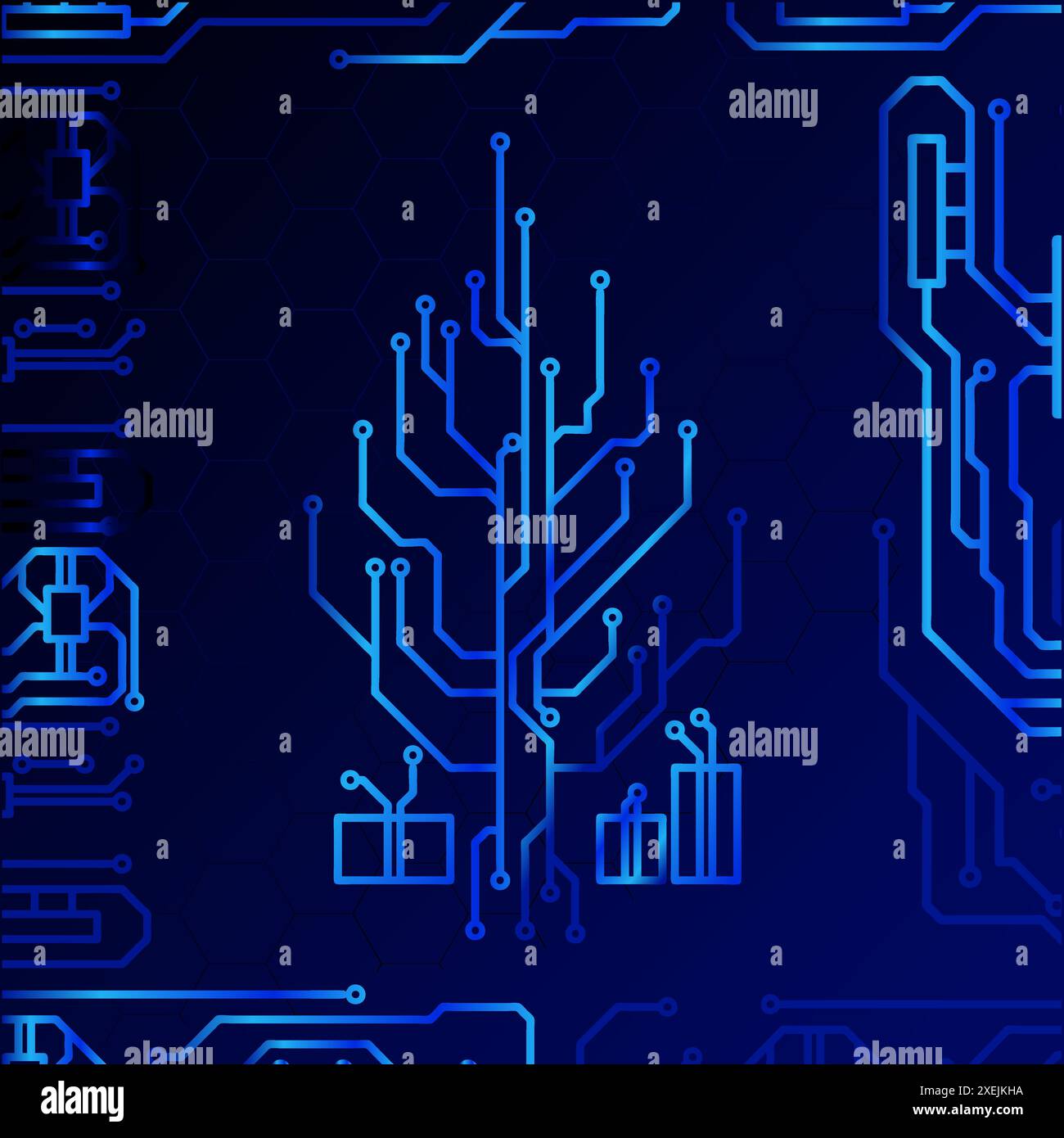 Tecnologia high-tech dell'albero di natale sistema geometrico e di connessione background con dati digitali astratti. Sfondo elettronico blu scuro. Illustrazione Vettoriale