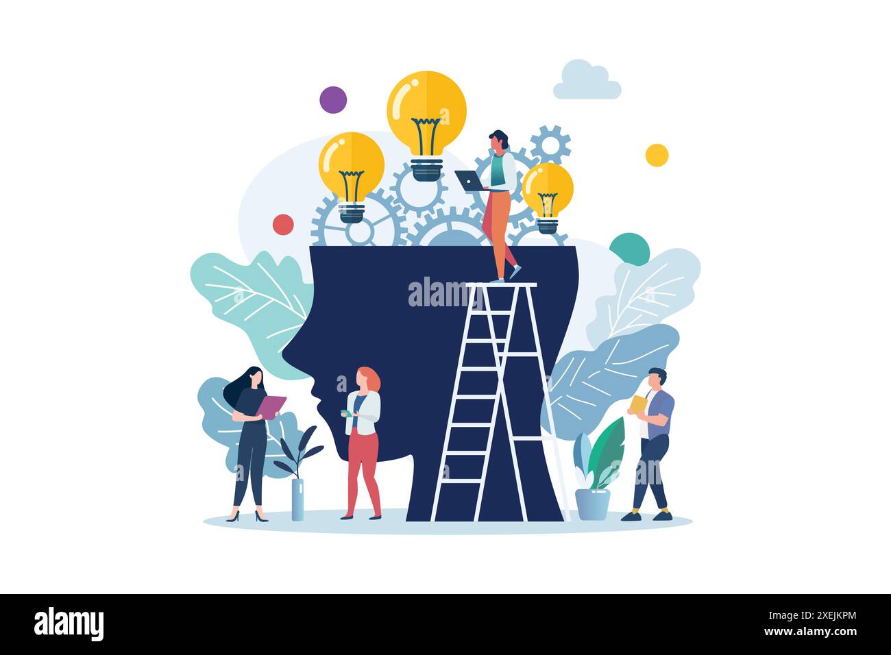 Personaggi con lampadina e ruote dentate nella testa umana. Sviluppo di intelligenza e conoscenze con prestazioni cerebrali. Gears e technica Illustrazione Vettoriale