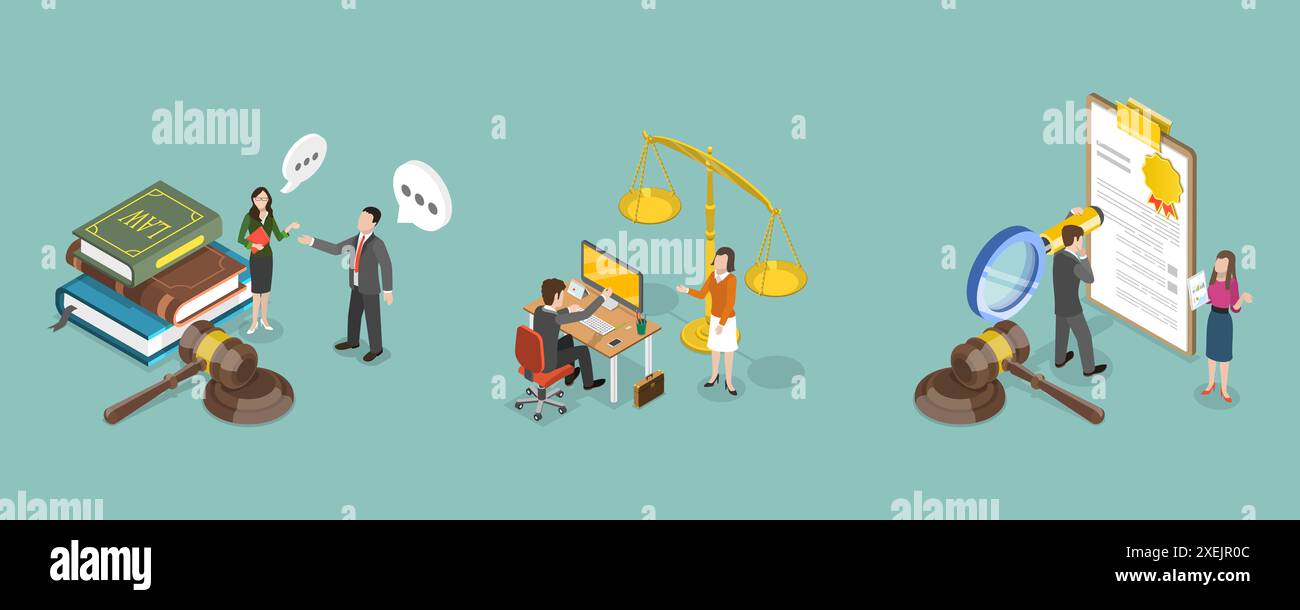 Illustrazione concettuale piatta isometrica 3D di diritto e giustizia, consulenza legale e servizio di avvocato 3D Isometric Flat Conceptual i Foto Stock