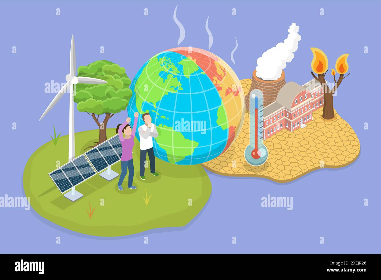 Illustrazione concettuale piatta isometrica 3D dell'effetto serra, aumento della temperatura della Terra illustrazione concettuale piatta isometrica 3D. Foto Stock