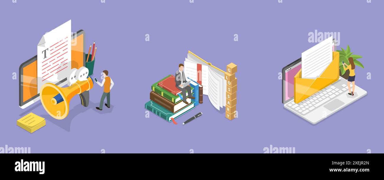 Illustrazione concettuale piatta isometrica 3D di Glossario e notizie, dizionario online illustrazione concettuale piatta isometrica 3D di Foto Stock