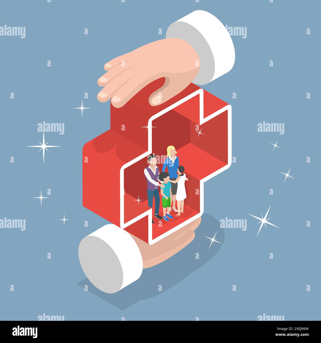 Illustrazione concettuale piatta isometrica 3D di assistenza sanitaria familiare, piano di assicurazione medica 3D Isometrica Flat Conceptual Illustrat Foto Stock