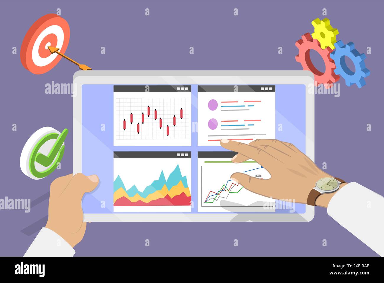 Illustrazione concettuale piatta isometrica 3D dell'analisi dei dati dei siti Web, campagna di marketing digitale 3D Isometric Flat Conceptual il Foto Stock