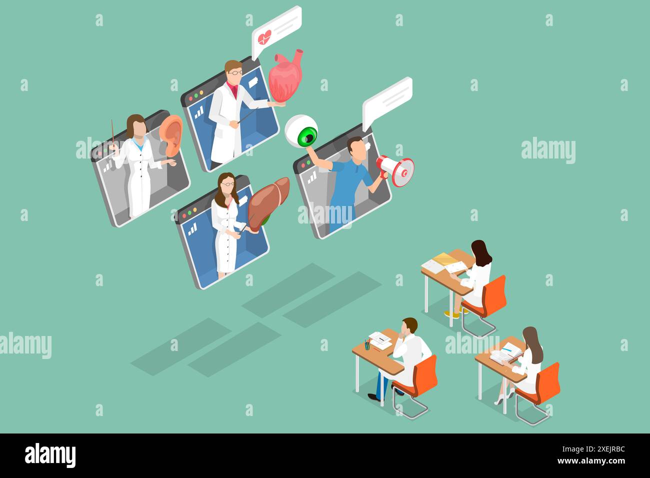Illustrazione concettuale piatta isometrica 3D dell'educazione medica online, classe virtuale digitale illu concettuale piatta isometrica 3D. Foto Stock