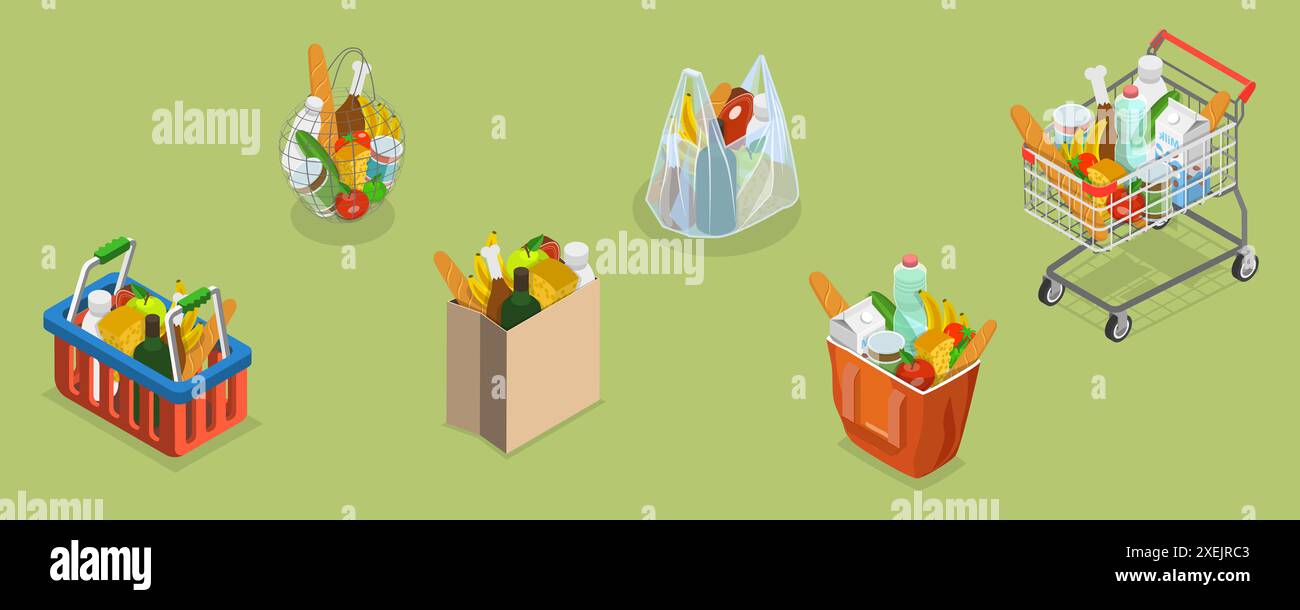Illustrazione concettuale piatta isometrica 3D di borse della spesa, diversi set di generi alimentari illustrazione concettuale piatta isometrica 3D o. Foto Stock
