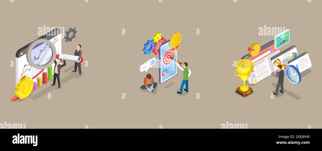 Illustrazione concettuale piatta isometrica 3D di ottimizzazione SEO, analisi Web Social Media Marketing 3D Isometric Flat Conceptu Foto Stock