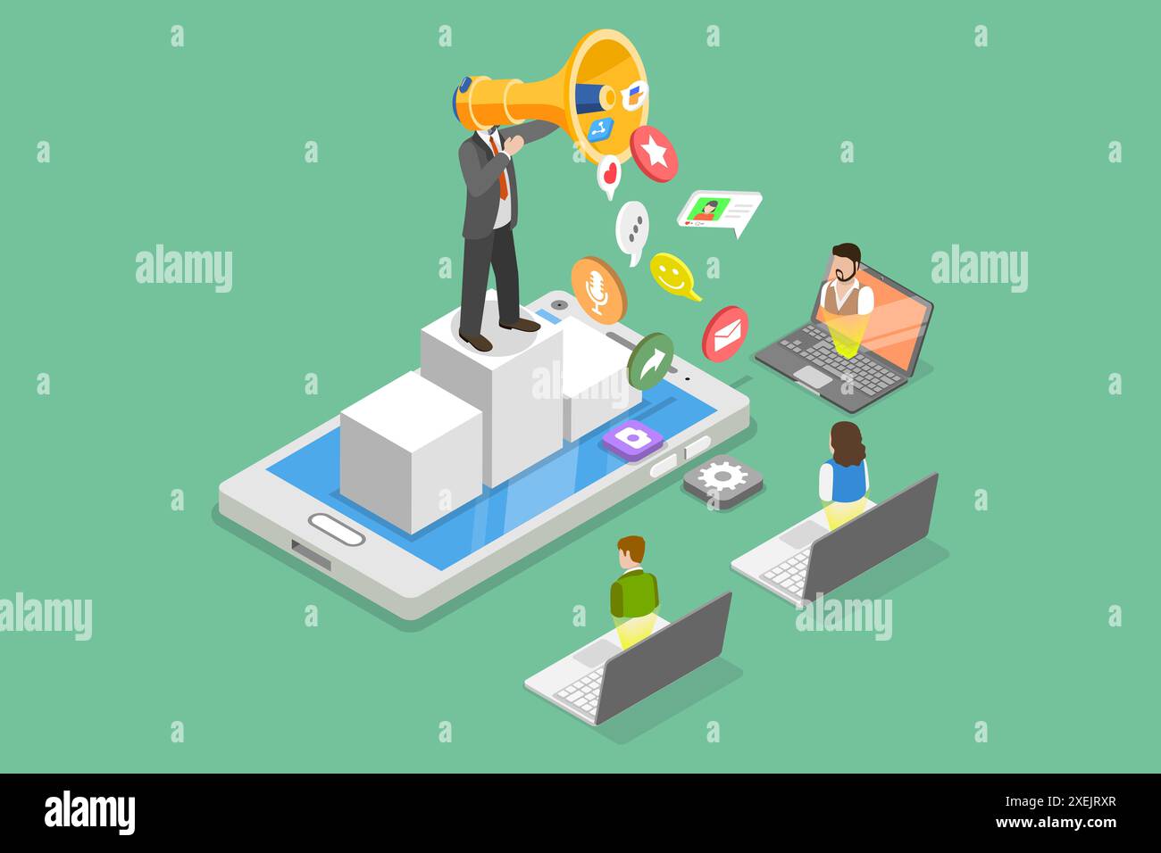 Illustrazione concettuale piatta isometrica 3D dell'influenza sul marketing, Social Media Influencer 3D Isometric Flat Conceptual Illus Foto Stock