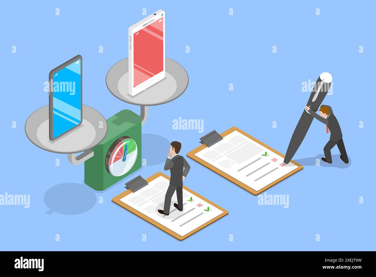 Illustrazione concettuale piatta isometrica 3D del confronto tra smartphone e classifiche caratteristiche dei prodotti ILL concettuale piatta isometrica 3D. Foto Stock