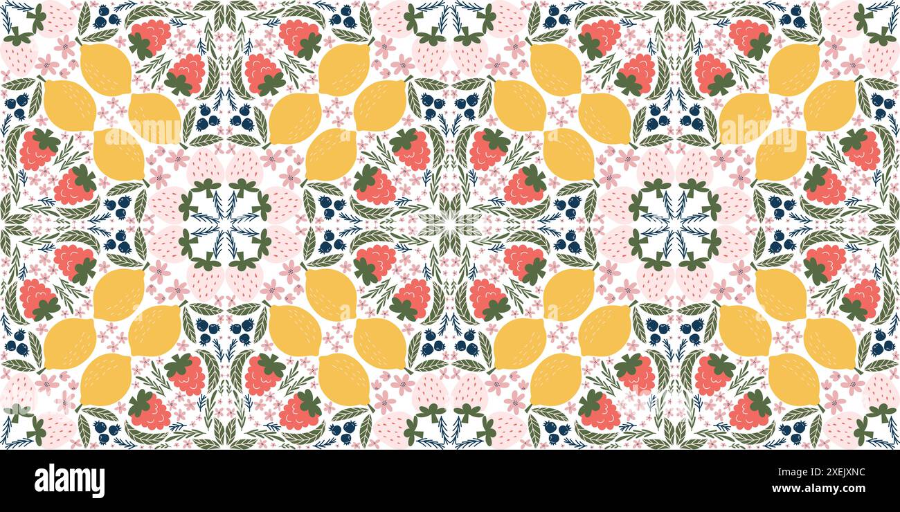 Fantasia senza cuciture con illustrazioni di lamponi, limoni, fragole bianche, more, fiori rosa, e foglie verdi, disposte in un design a forma di diamante. Moderno stile vettoriale organico con colori piatti. Illustrazione Vettoriale