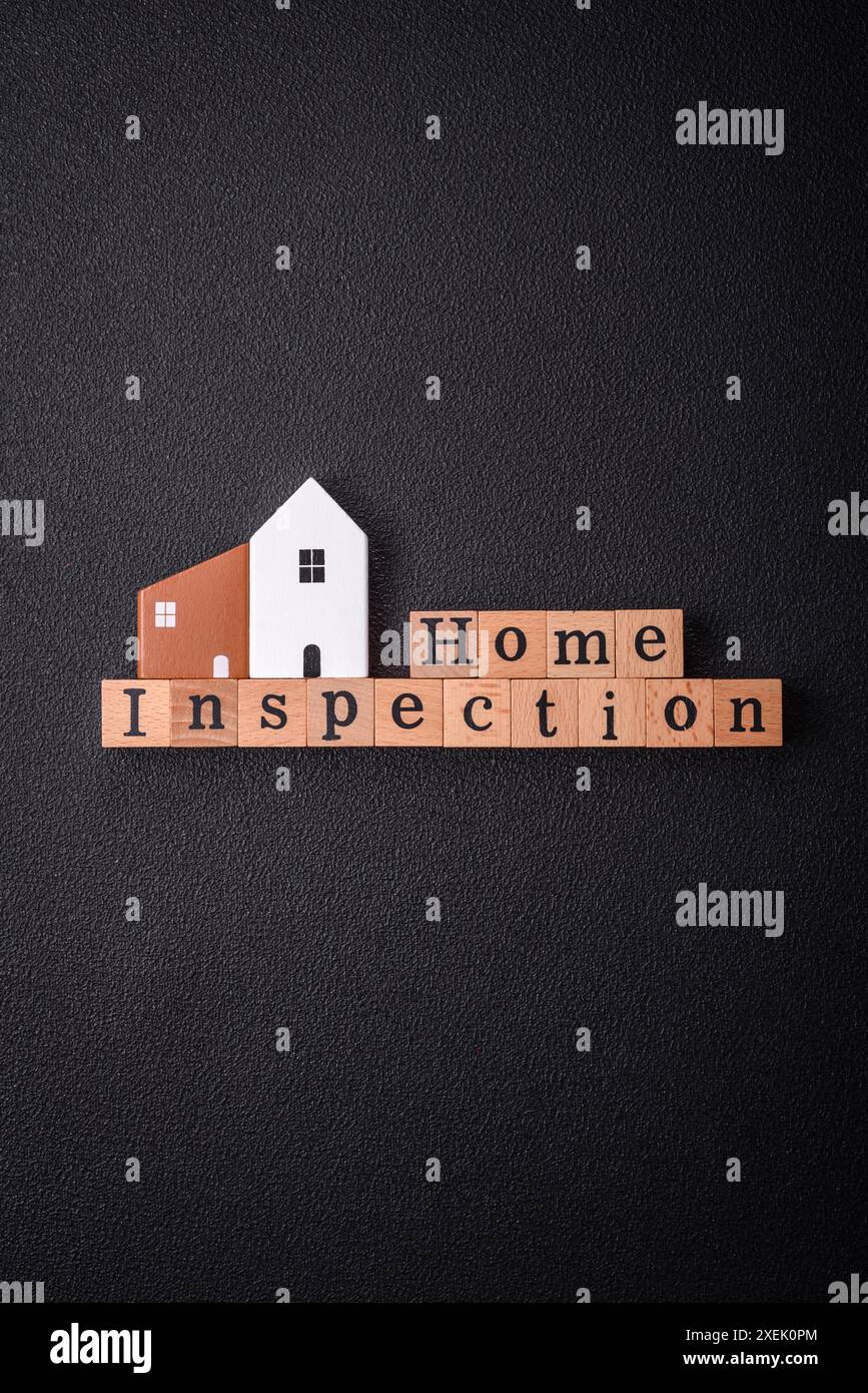 L'iscrizione Home Inspection realizzata con cubi di legno su un fondo semplice Foto Stock