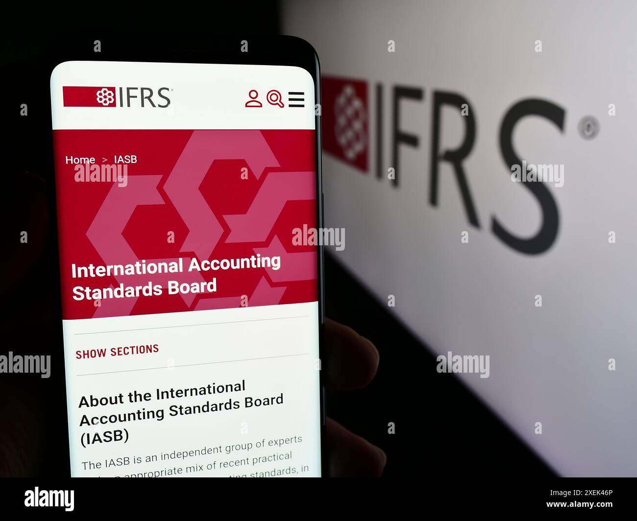 Persona che detiene un cellulare con pagina web dell’International Financial Reporting Standards Foundation (IFRS). Messa a fuoco al centro del display del telefono. Foto Stock
