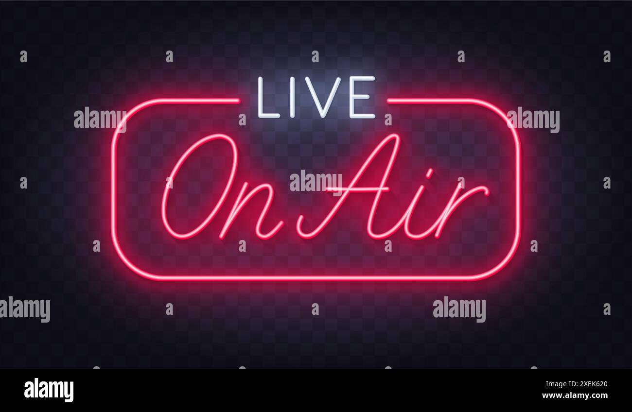 Live on Air Neon Sign su sfondo scuro trasparente. Illustrazione Vettoriale