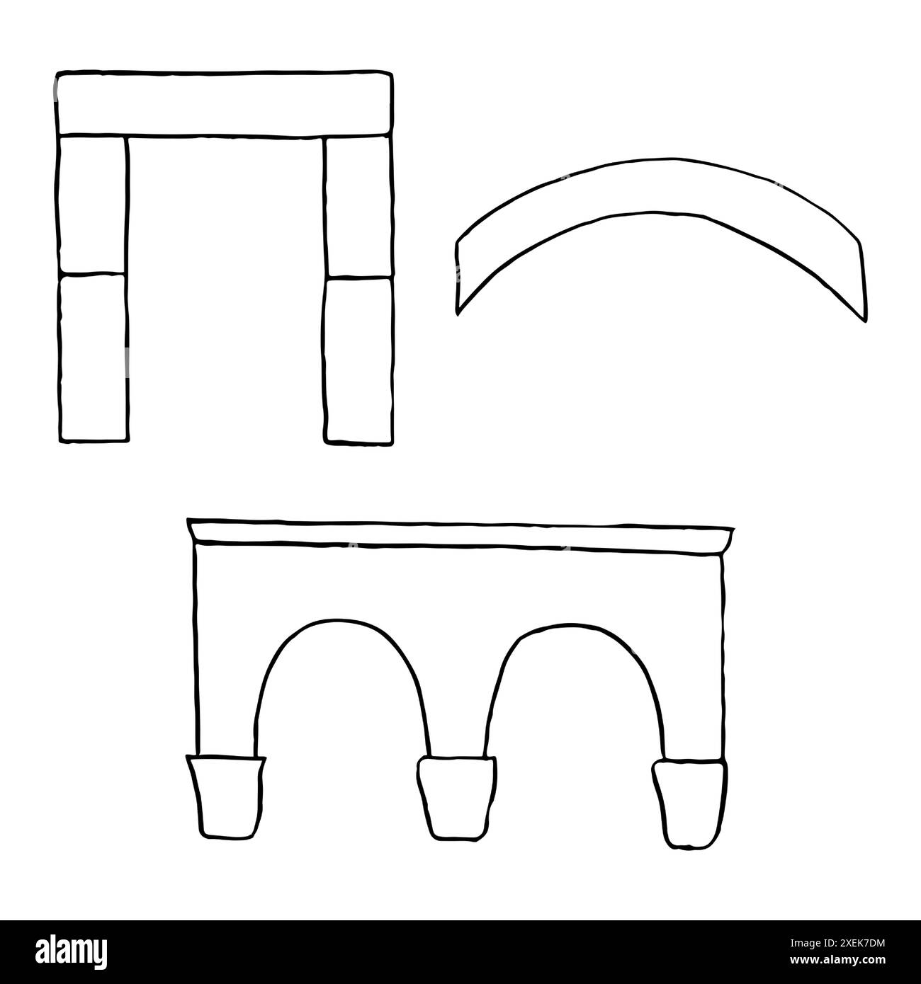 Colonnato e antichi archi in pietra dell'antica Grecia e set di illustrazioni vettoriali dell'Impero Romano. Elementi architettonici in bianco e nero in si Illustrazione Vettoriale