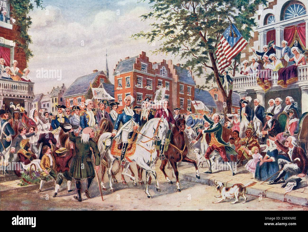 George Washinton entra a New York, America, 1759. Generale George Washington, 1732 - 1799. Politico americano, soldato e primo presidente degli Stati Uniti. Foto Stock