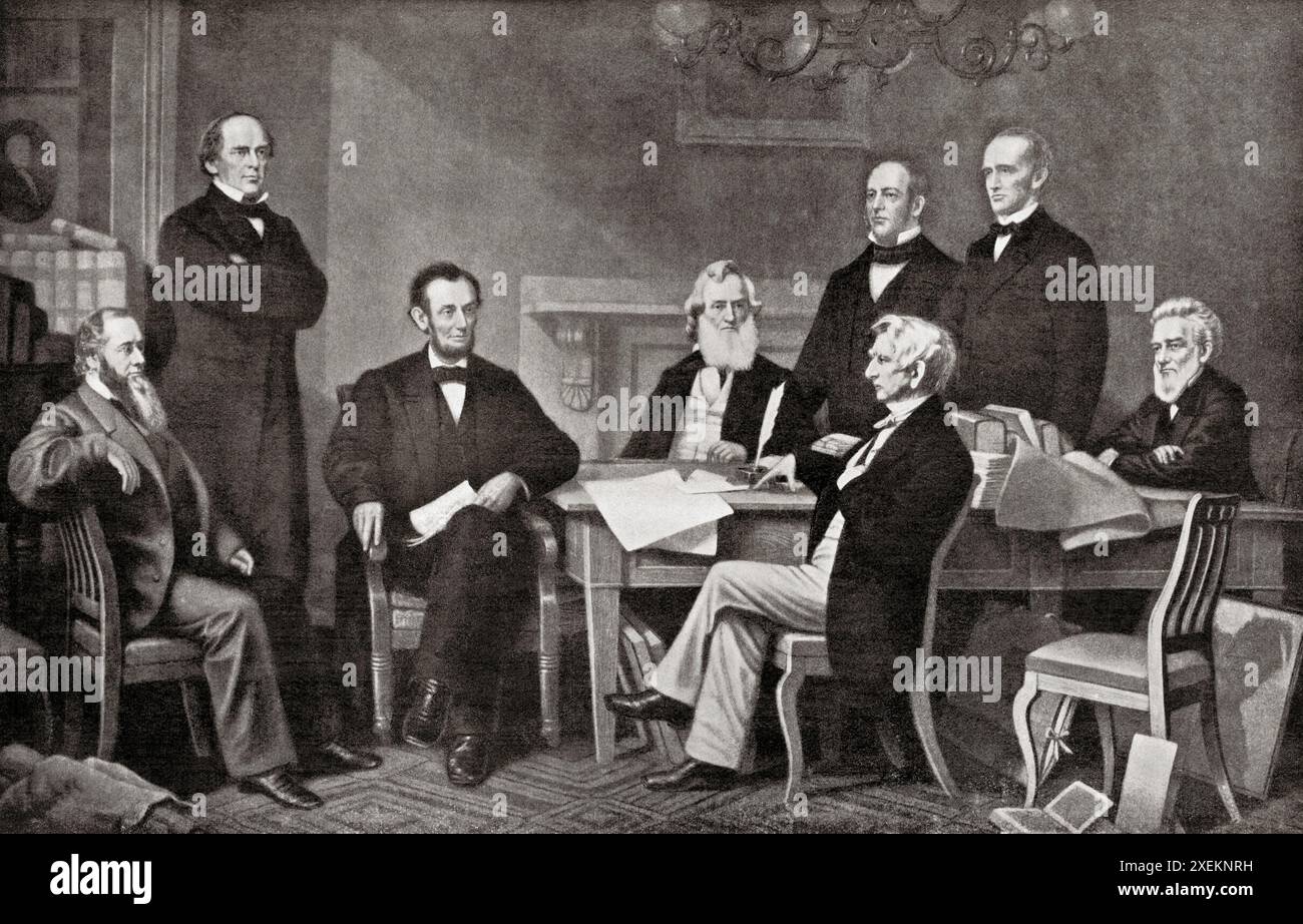 Prima lettura del proclama di emancipazione del Presidente Lincoln, 1862. Da sinistra a destra, Edwin Stanton, Segretario alla Guerra, Salmon Chase, Segretario al Tesoro, Presidente Abraham Lincoln, Gideon Welles, Segretario alla Marina, Caleb B. Smith, Segretario agli interni, William Seward, Segretario di Stato, Montgomery Blair, Direttore generale delle poste, Edward Bates, procuratore generale. Foto Stock