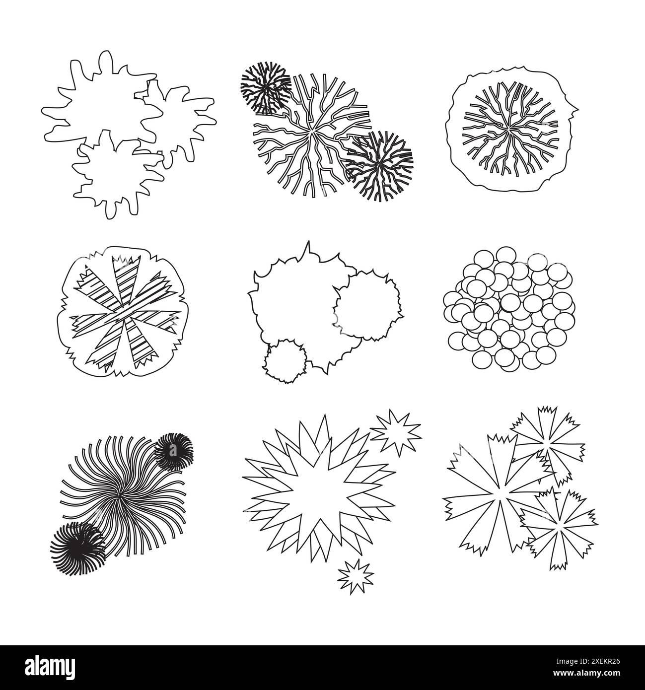 Set di nove icone ad albero - bianco e nero - elementi grafici per la progettazione, la pianificazione e l'architettura del paesaggio Illustrazione Vettoriale