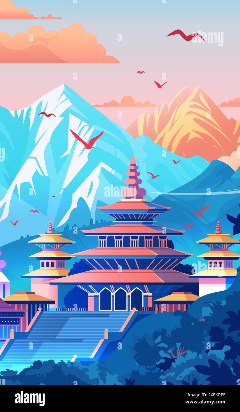 Tempio della Pagoda con montagne, uccelli e cielo colorato Illustrazione Vettoriale