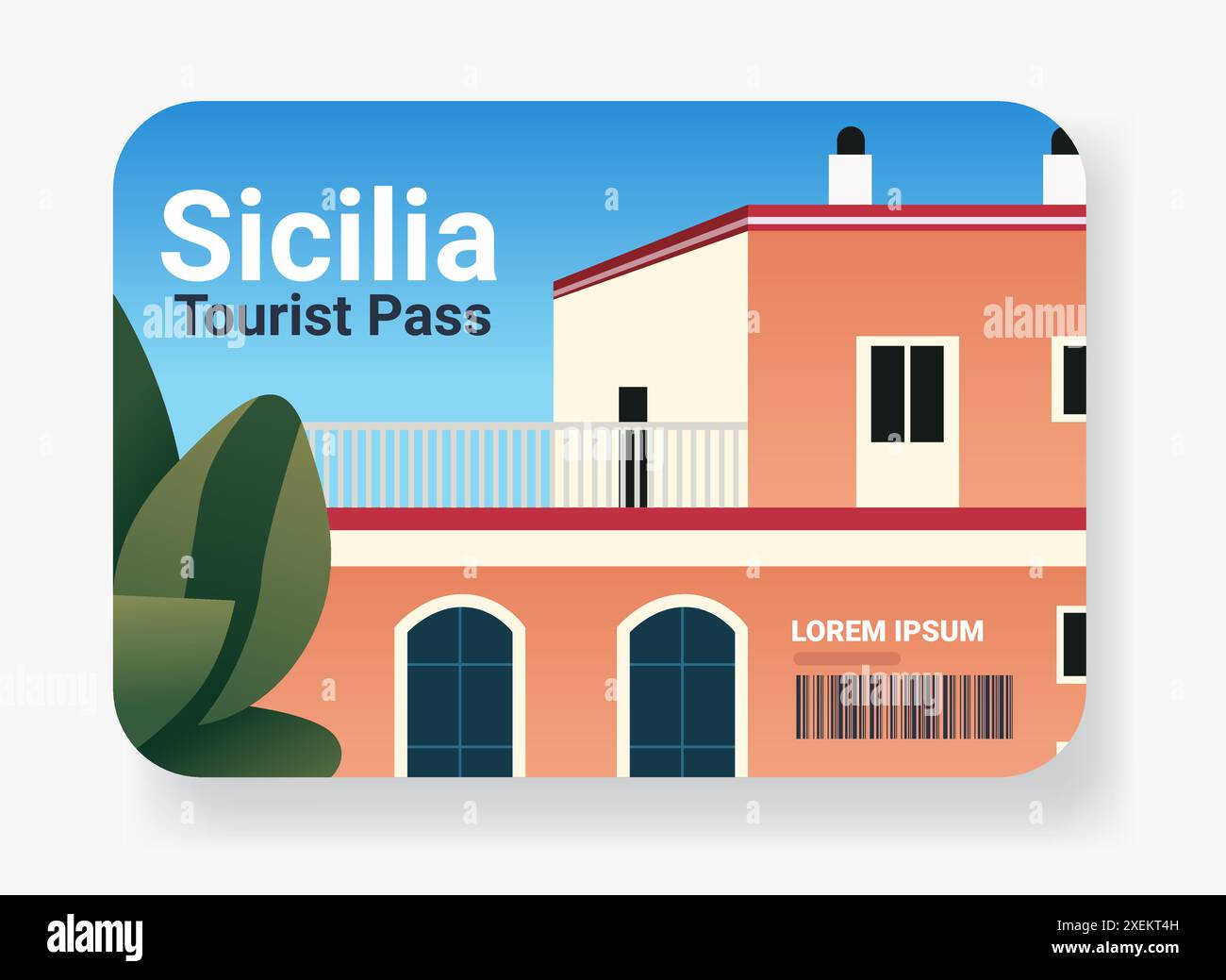 Casa mediterranea con finestre ad arco e balcone con frontespizio verde cielo blu in primo piano Illustrazione Vettoriale