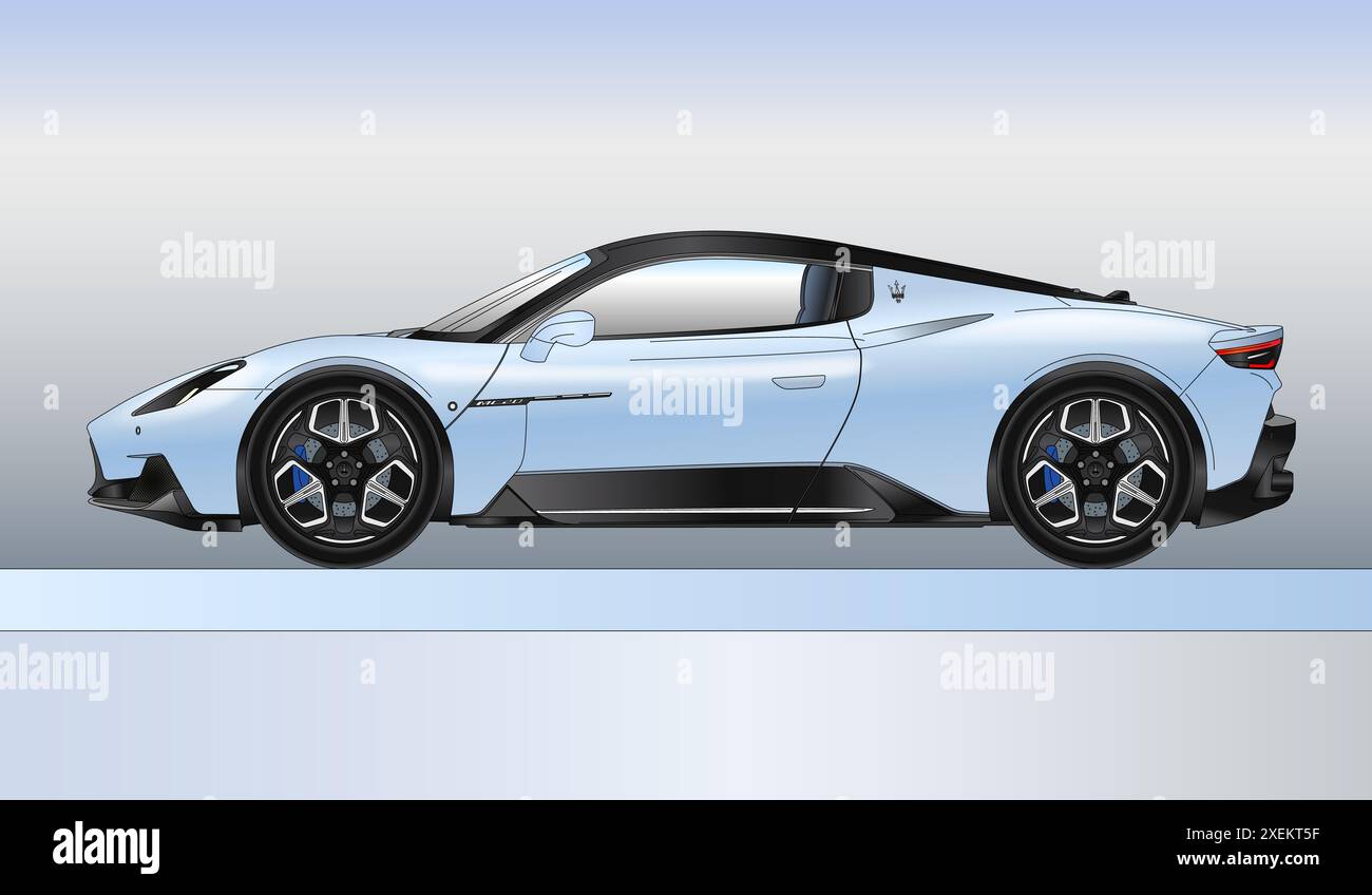 Italia, anno 2020, Maserati MC20 silhouette super sport, disegno delineato, illustrazione vettoriale colorata Foto Stock