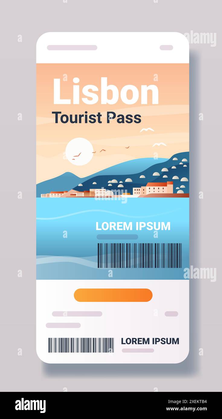 Design del pass turistico di Lisbona con paesaggi panoramici, montagne marine, edifici, uccelli solari, codice a barre Illustrazione Vettoriale