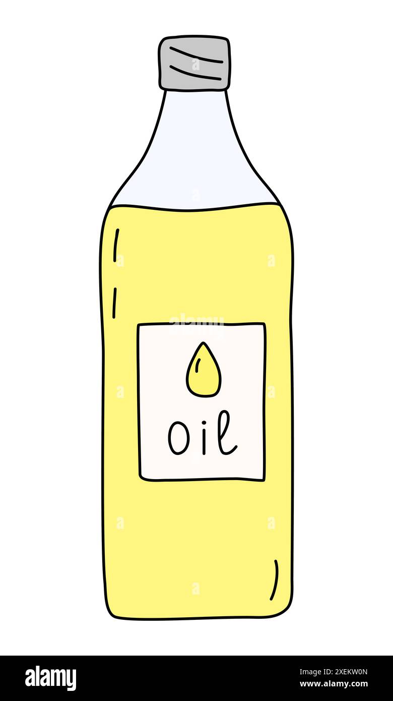 Olio da cucina vegetale giallo in flacone trasparente, illustrazione vettoriale stile doodle Illustrazione Vettoriale