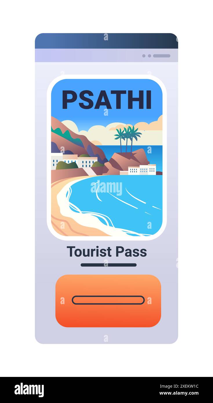 Scena da spiaggia con palme montagne ed edifici visualizzati su uno schermo dello smartphone che rappresenta un pass turistico Illustrazione Vettoriale