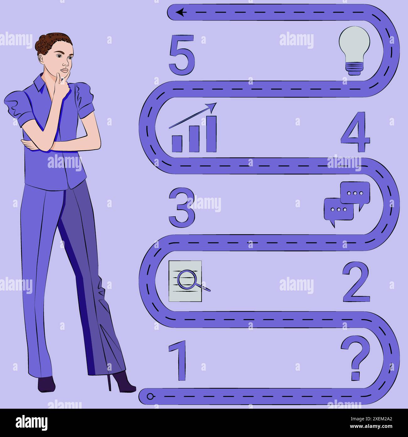 Una donna utilizza 5 passaggi per identificare un problema o un'opportunità nel processo decisionale. Concetto di business. Illustrazione vettoriale. Illustrazione Vettoriale
