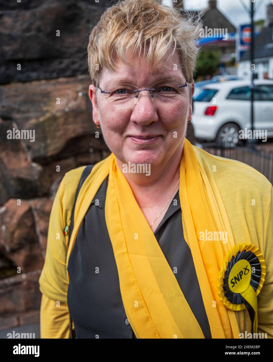 Venerdì 28 giugno 2024: Il primo ministro scozzese e leader del SNP John Swinney si unisce a Kim Marshall candidato SNP per Dumfriesshire, Clydesdale e Tweed Foto Stock