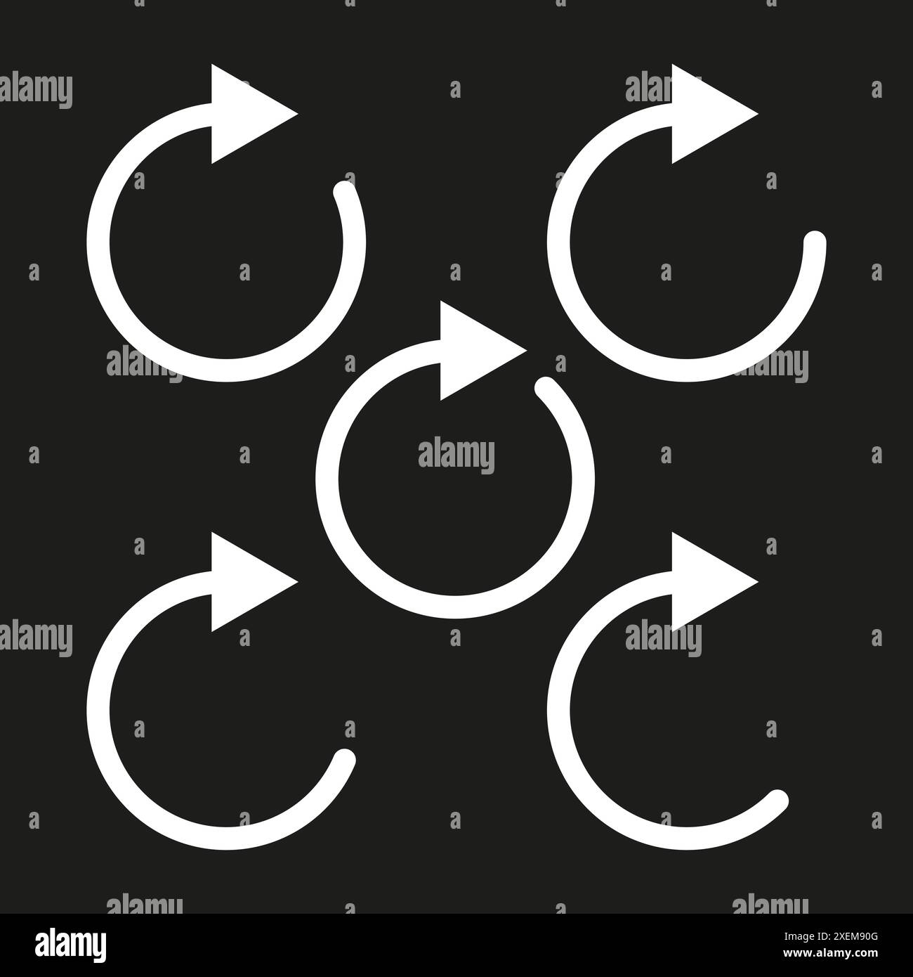 Icone con freccia circolare. Frecce bianche sul nero. Rotazione e aggiornamento dei simboli. Pattern vettoriale senza giunture. Illustrazione Vettoriale