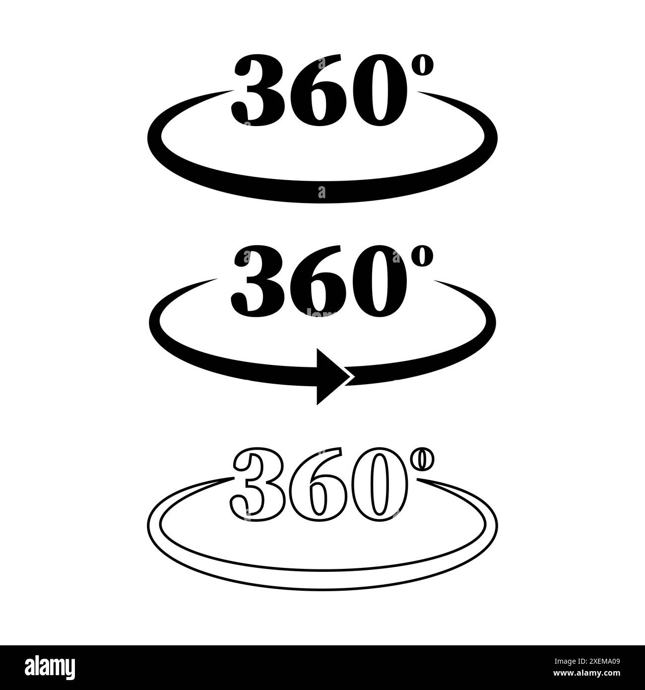 icone a 360 gradi. Simboli freccia circolare. Design a rotazione completa. Serie di illustrazioni vettoriali. Illustrazione Vettoriale