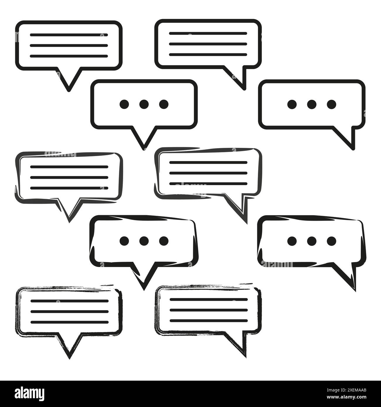 Icone a forma di bolla vocale. Simboli dei messaggi di chat. Vettore bianco e nero. Set di elementi di comunicazione. Illustrazione Vettoriale