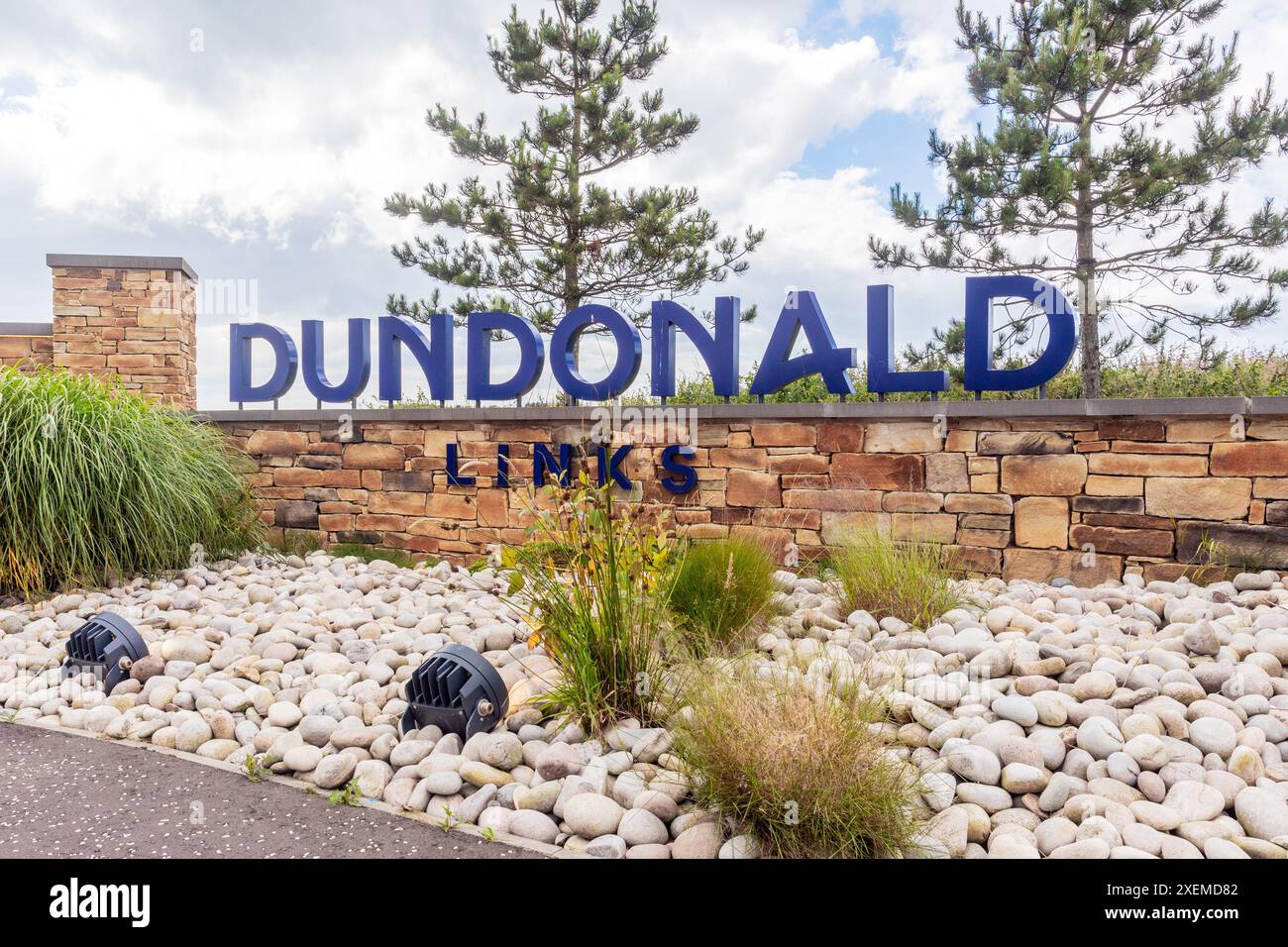 Cartello d'ingresso al Dundonald Links Golf Club, Irvine, North Ayrshire, Scozia, Regno Unito Foto Stock