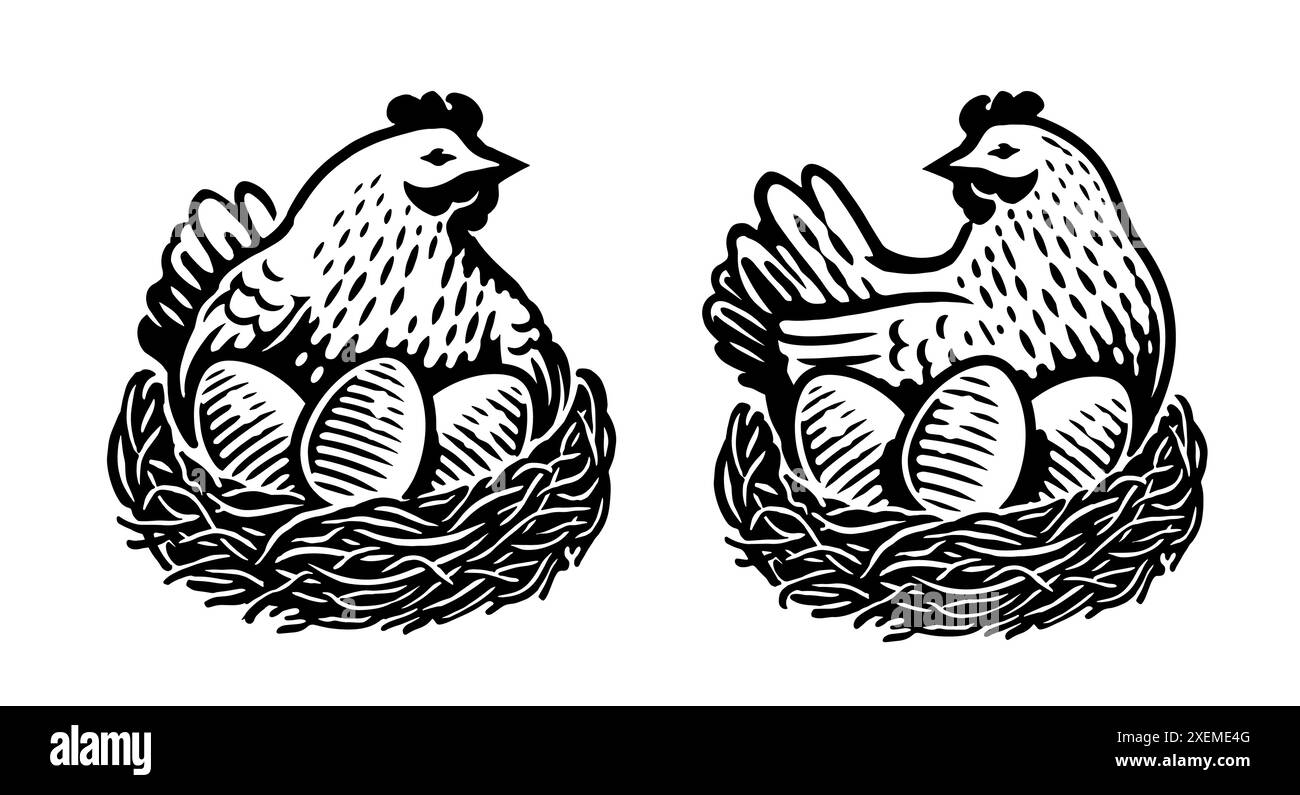 Pollame domestico dell'azienda agricola. Gallina che dedica uova nel nido. Simbolo o emblema del pollo, illustrazione vettoriale in bianco e nero Illustrazione Vettoriale