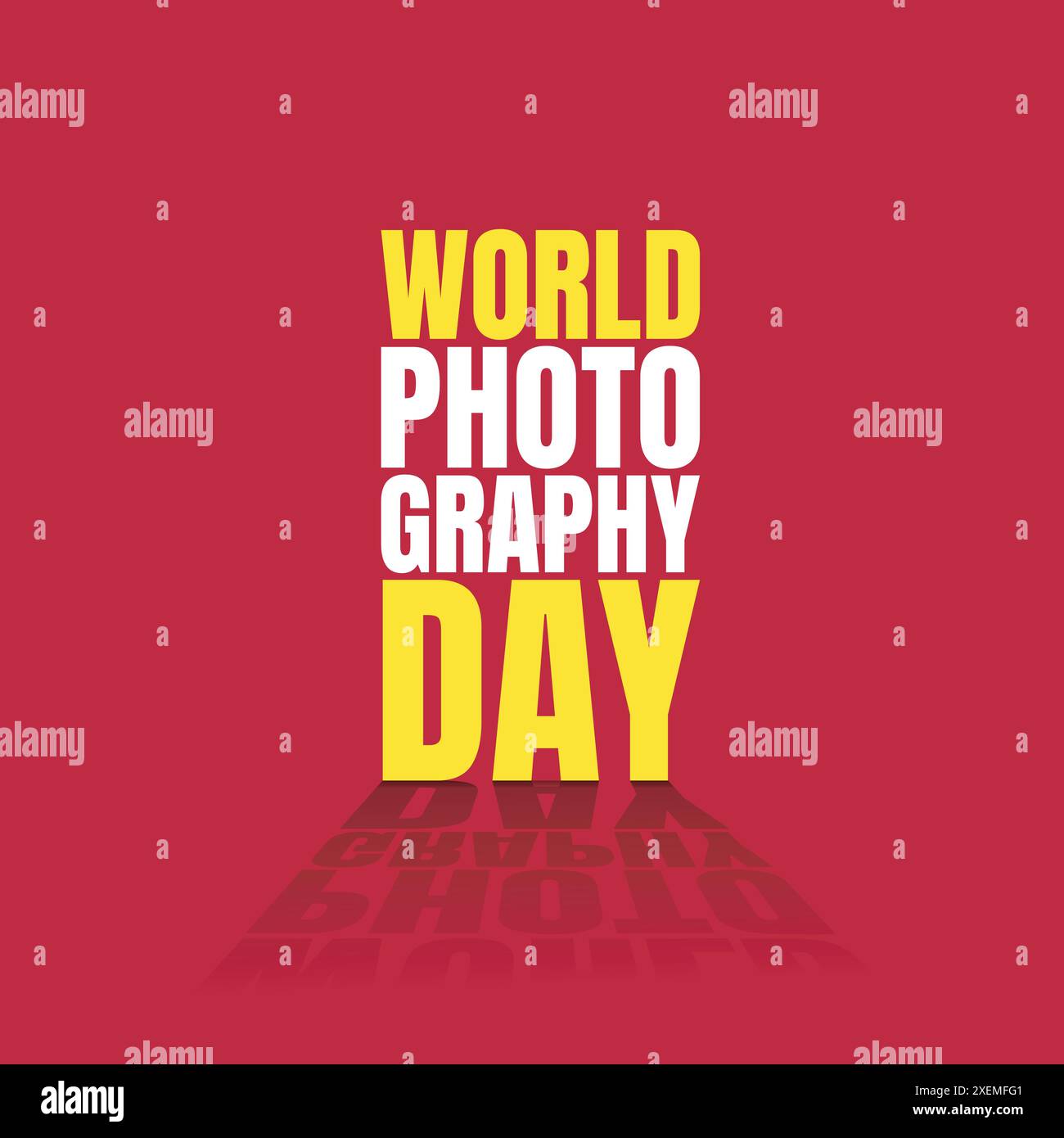 Design moderno del modello tipografico, giorno della fotografia mondiale. Scritte in grassetto per poster, banner e logo. Sfondo rosso con ombra. Illustrazione Vettoriale