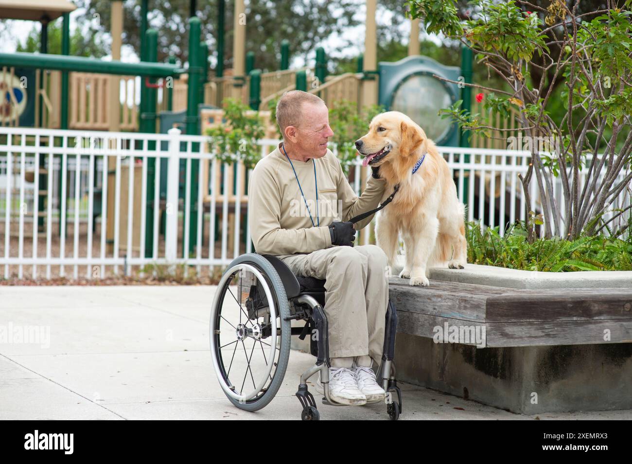 Uomo in sedia a rotelle che si lega con il suo cane di servizio fuori da un parco giochi; Boynton Beach, Florida, Stati Uniti d'America Foto Stock