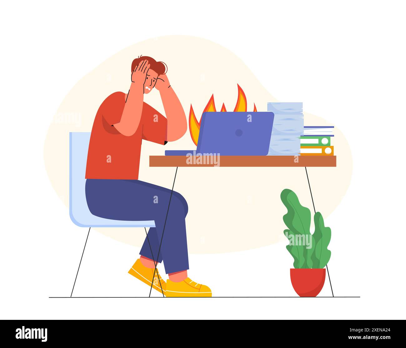 Uomo con fuoco al computer. Il ragazzo copre il viso con le mani accanto al computer portatile in fiamme. Problemi con gadget e tecnologia, guasti dei pc. Appartamento cartoni animati Illustrazione Vettoriale