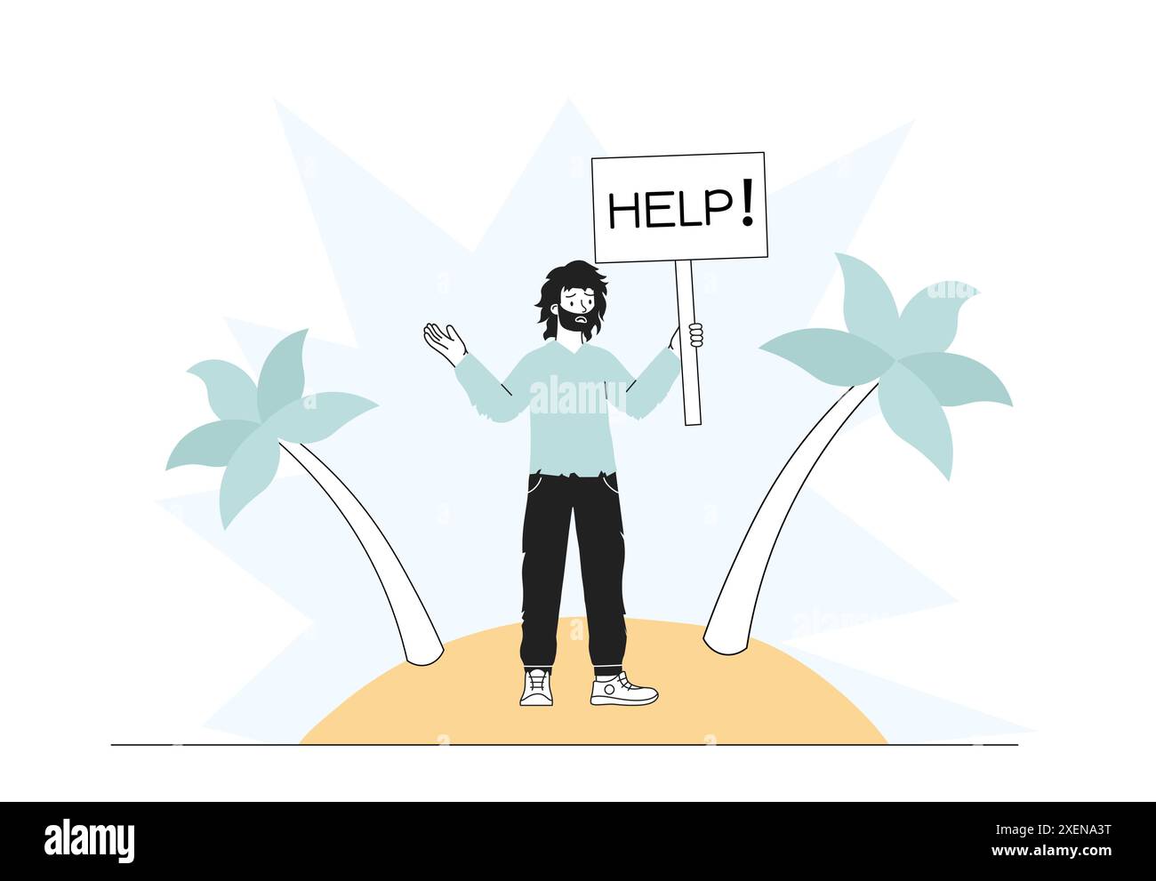Uomo sull'isola deserta. Il giovane con la barba sta in piedi con l'insegna di aiuto accanto alla palma. Sfortunato viaggio in mare. Persona in un luogo abbandonato. Lineare piatta Illustrazione Vettoriale