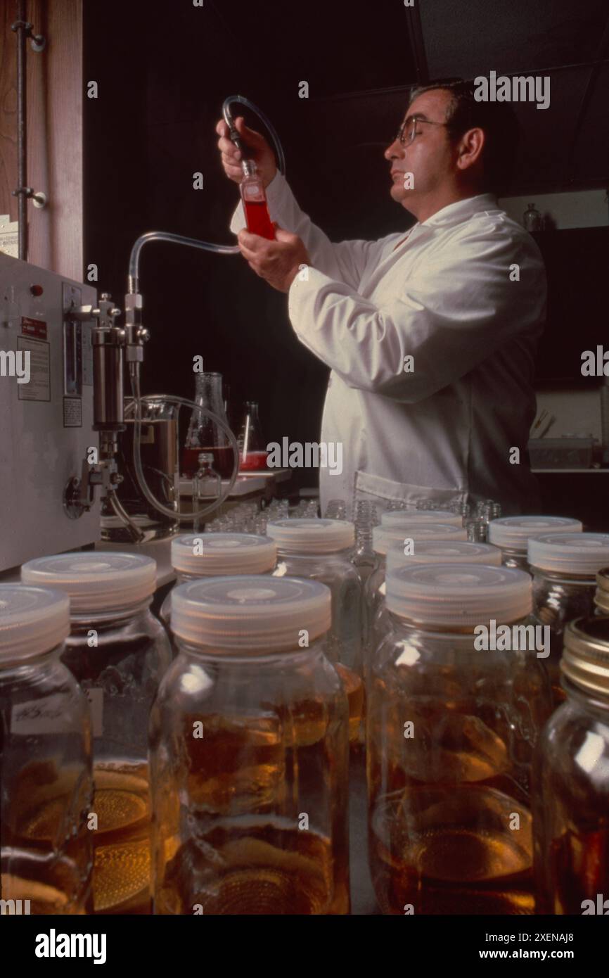 Scienziato che aggiunge il campione in una provetta per l'analisi analitica in laboratorio Foto Stock