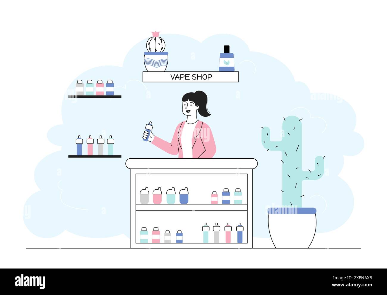 Donna nel negozio vape. Ragazza che vende sigarette elettroniche. Vaporizzatori e moderni dispositivi per fumatori. Cattive abitudini e uno stile di vita malsano. Lineare piatta Illustrazione Vettoriale