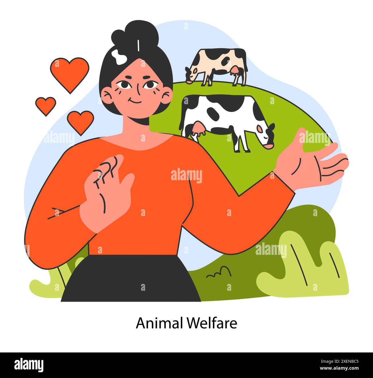 Benessere degli animali. Mucche che pascolano nel prato. Sviluppo sostenibile senza crudeltà e diritti degli animali. Stile di vita vegetariano o vegano e amore per gli animali. Illustrazione vettoriale piatta Illustrazione Vettoriale