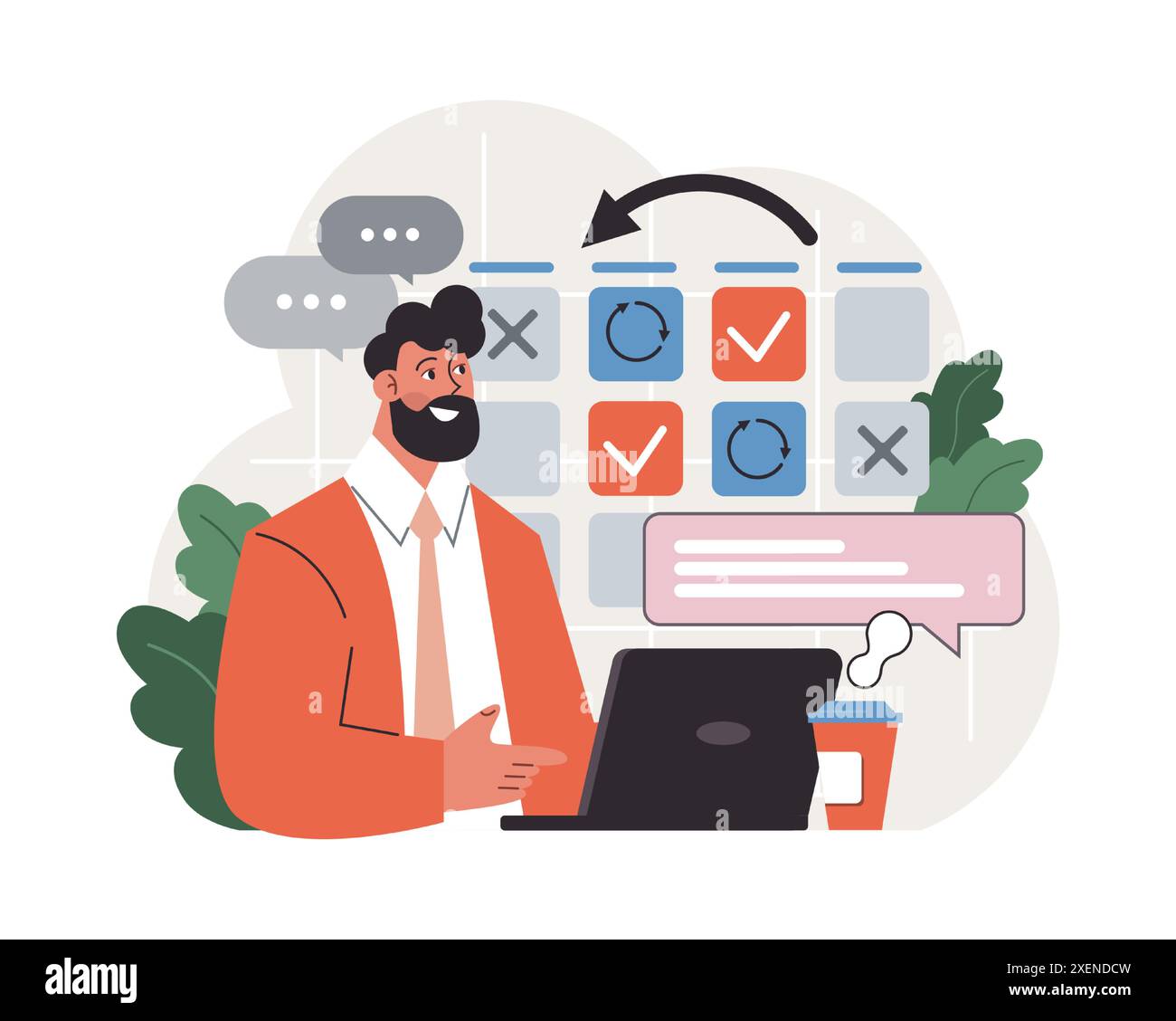 Avanzamento. Ottimizzazione ed efficienza del lavoro. Personaggio che si muove verso l'obiettivo, l'obiettivo e il successo. Progetti o attività di lavoro. Ottimizzazione del tempo e controllo dell'avanzamento. Illustrazione vettoriale piatta Illustrazione Vettoriale