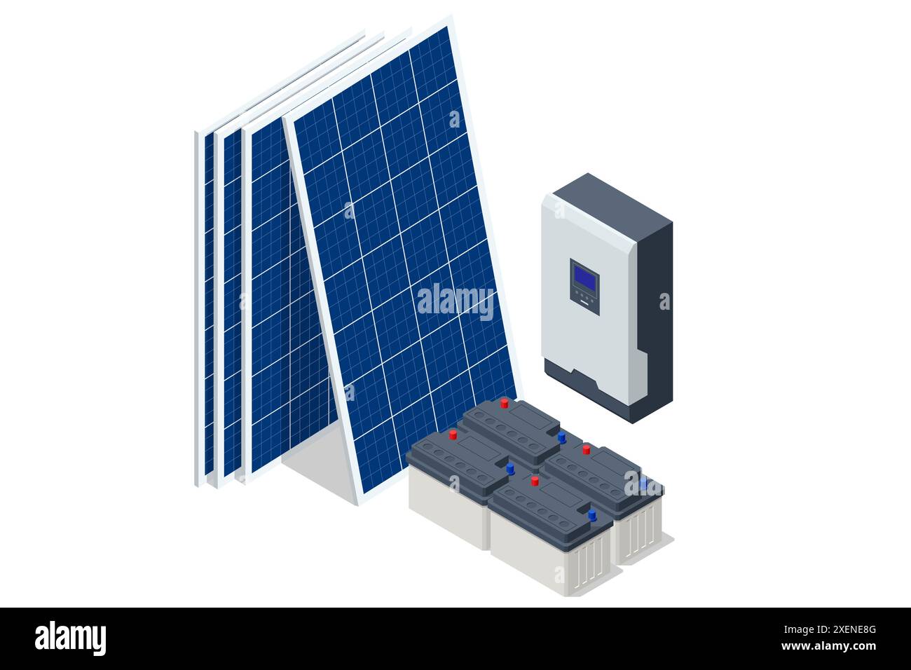 Centrale elettrica individuale Isometrica, pannello fotovoltaico e batteria, densità di energia, pannelli monocristallini, energia solare, pannelli fotovoltaici, impianto FV Illustrazione Vettoriale