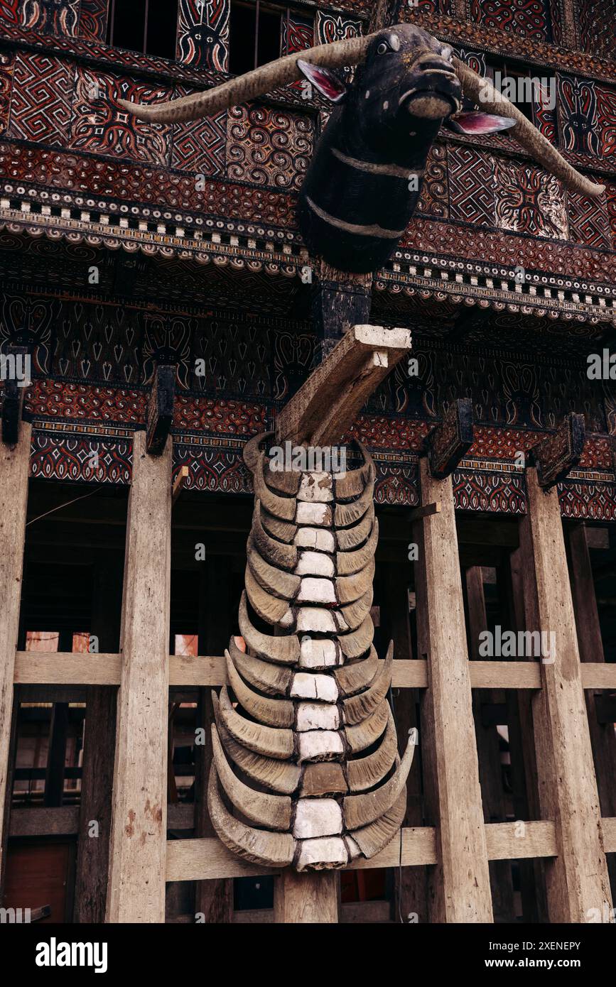 Mostra a tema animale in un sito culturale, l'antico villaggio di KE'te Kesu, Toraja settentrionale, Indonesia Foto Stock