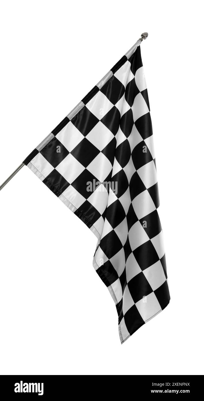 Un flag di finitura a scacchi isolato su bianco Foto Stock