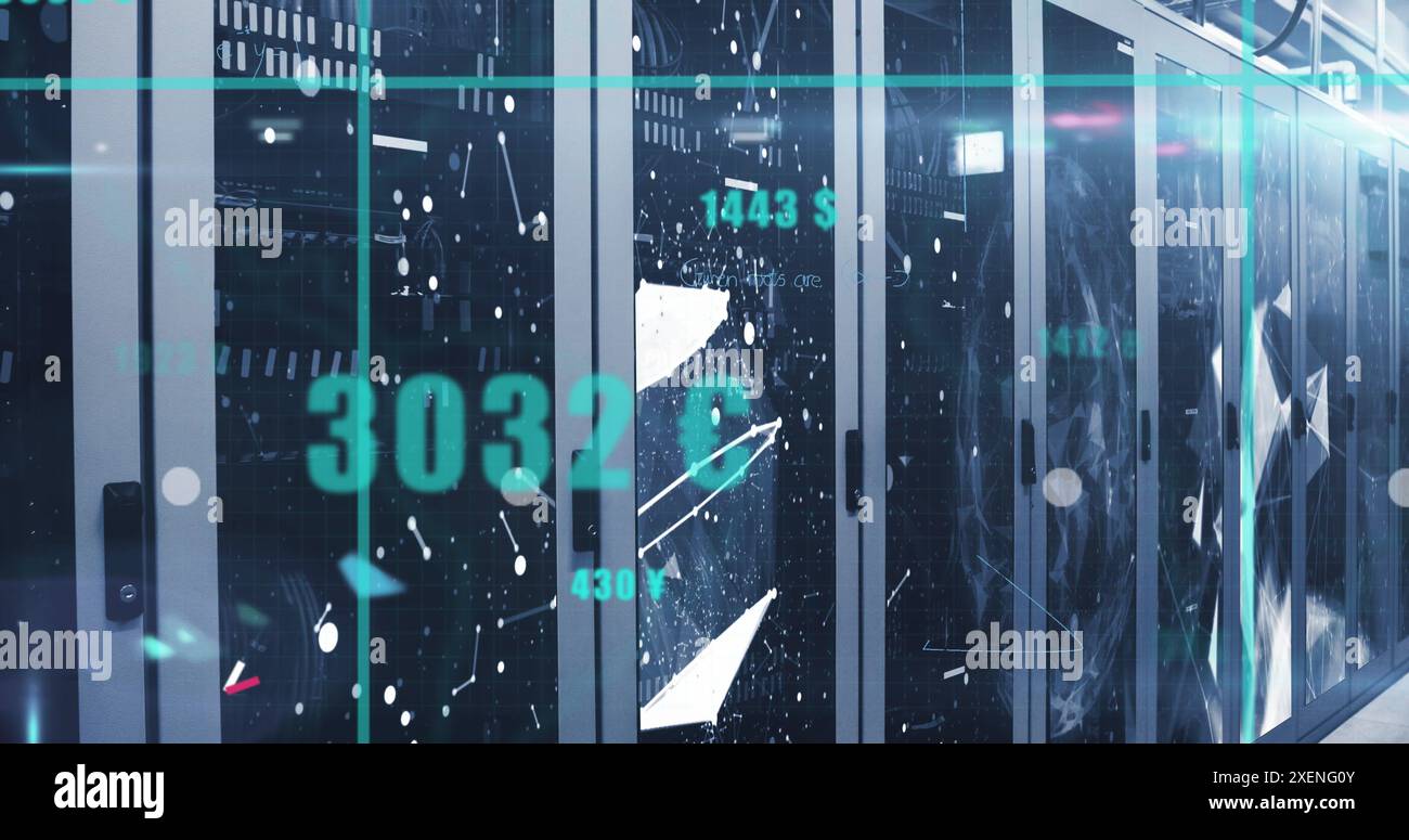 Immagine dell'elaborazione di dati statistici contro reti plexus su sala server Foto Stock