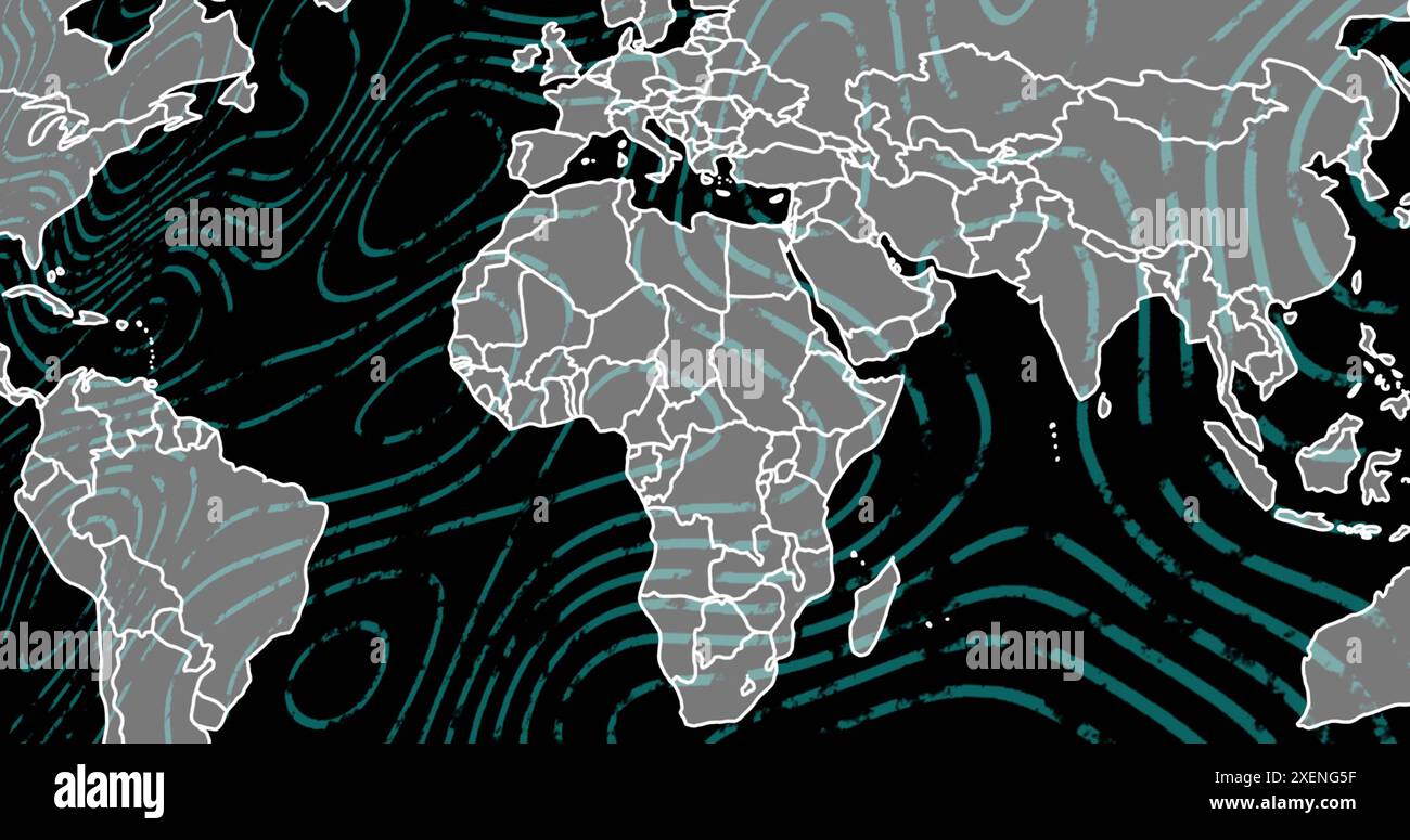 Immagine della mappa su pattern circolari su sfondo nero Foto Stock